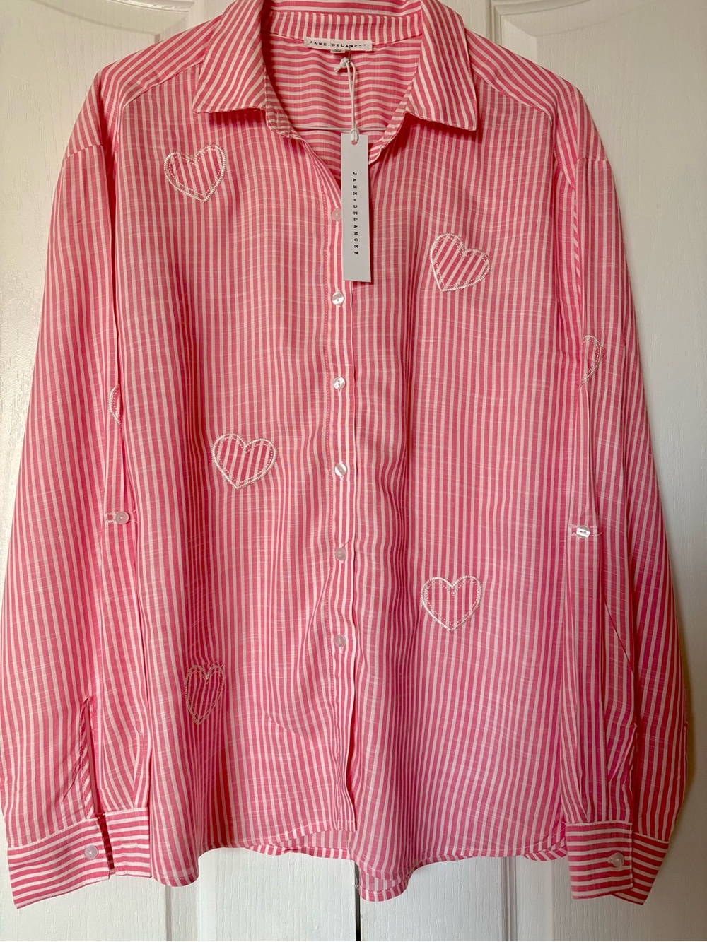 Jane and Delancey Pink Striped Button-Down Shirt with Heart Embroidery